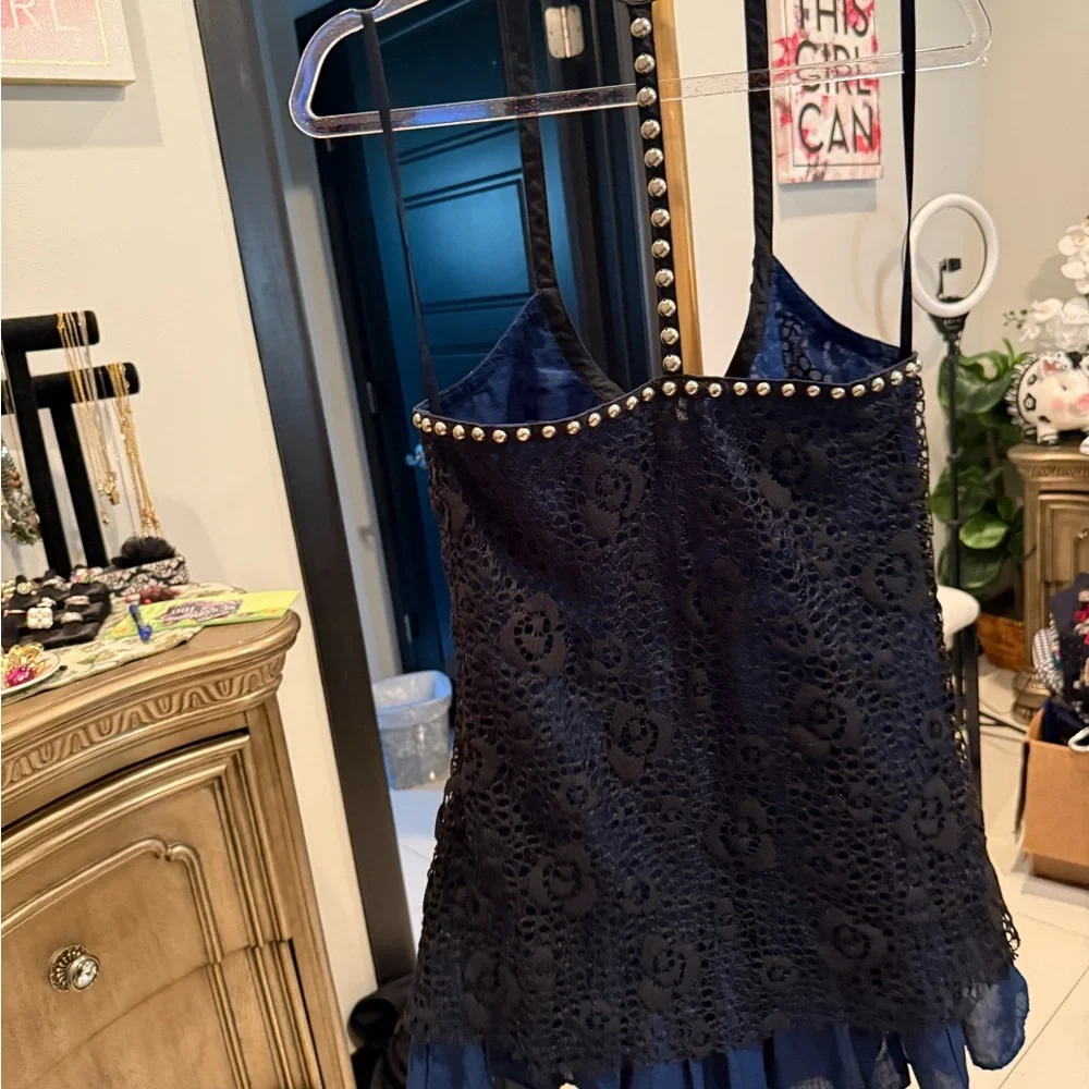 Free People Chic Navy Lace Dress with Pearl Details - Picture 5 of 11